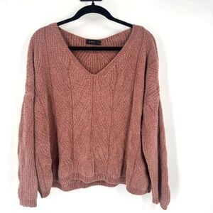 Stradivarius Women's Textured V-Neck Drop Shoulder So Soft Sweater Mauve Small